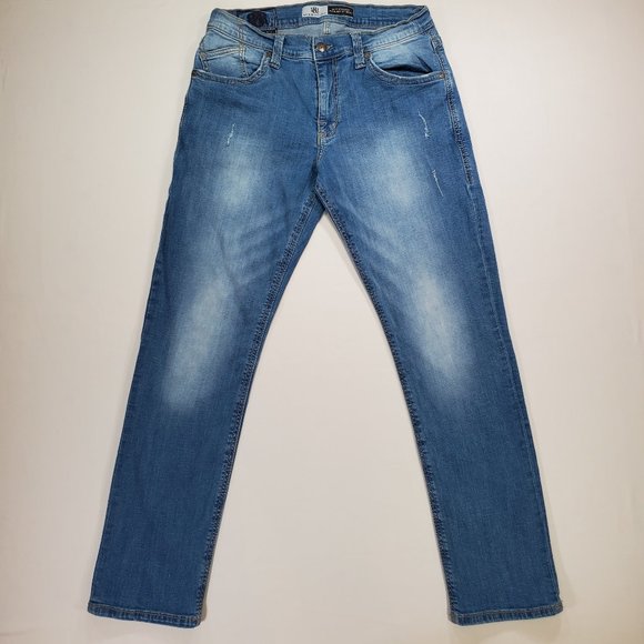 Rock and Republic Jeans Mens 34x32 Blue Denim Slim Straight Stretch Faded Grunge - Picture 1 of 16